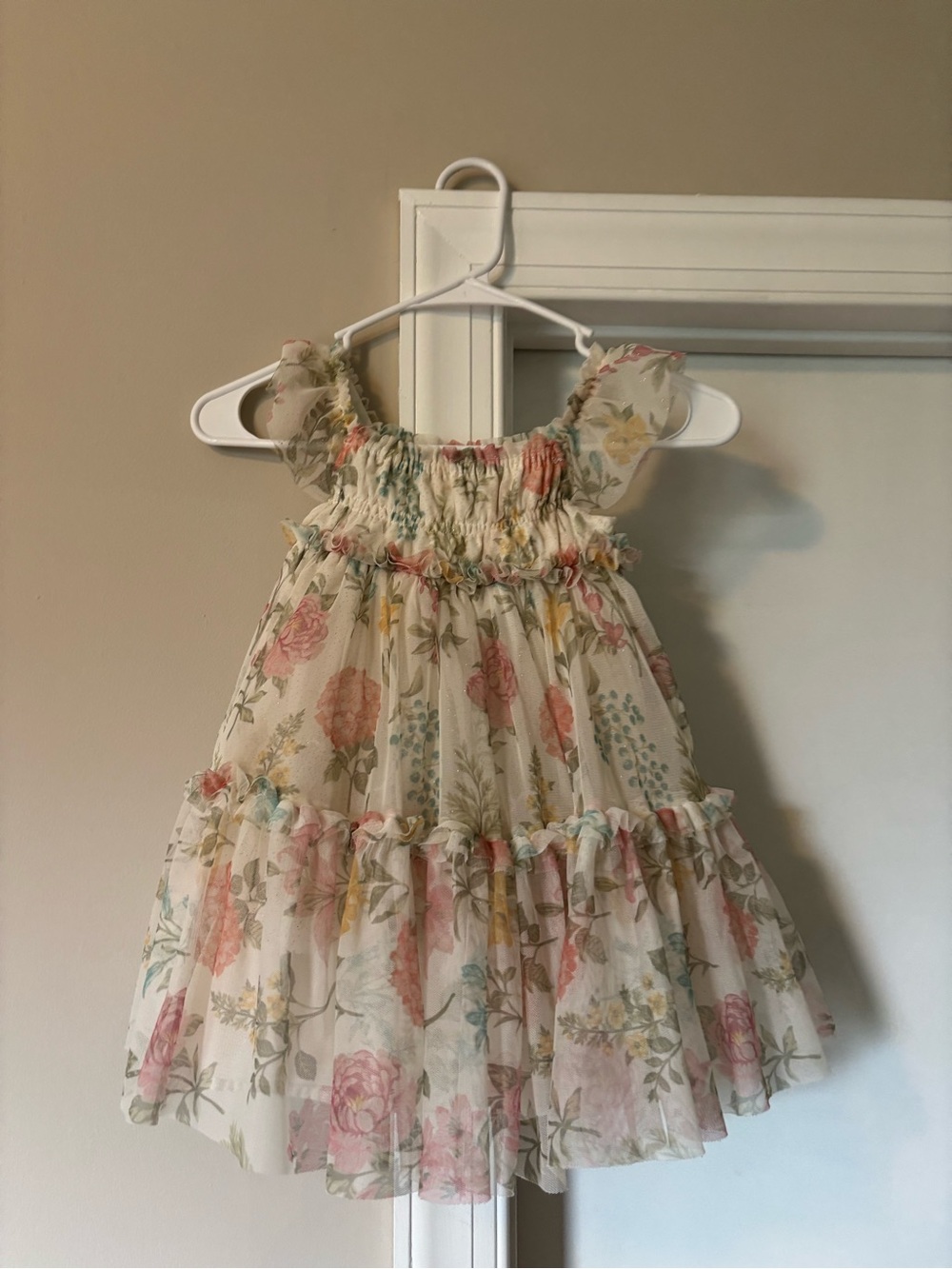 Rachel Zoe Cream Floral Smocked Tiered Dress with Pink & Green Accents